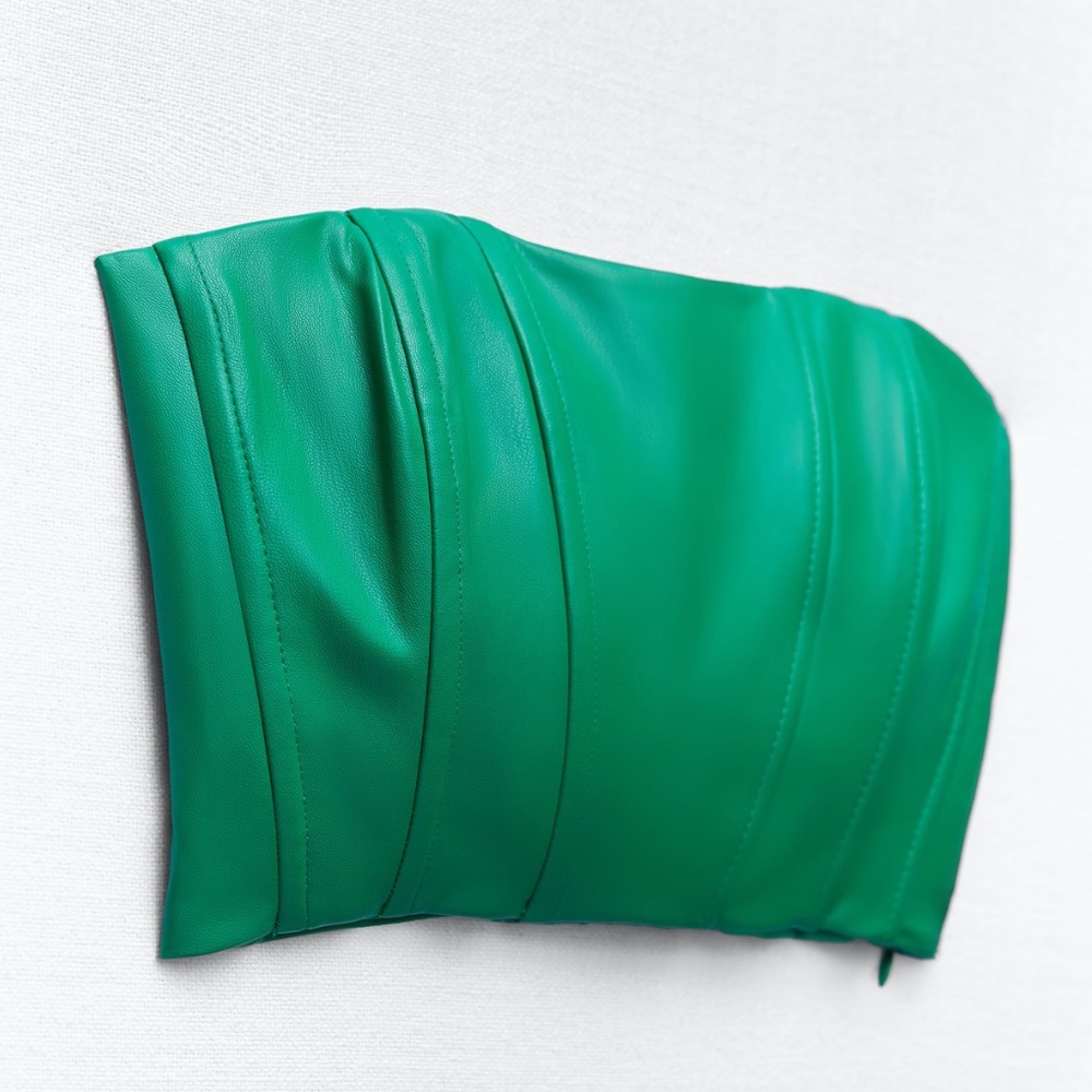 Zara Green Faux Leather Bustier Corset Crop Top - Picture 12 of 16